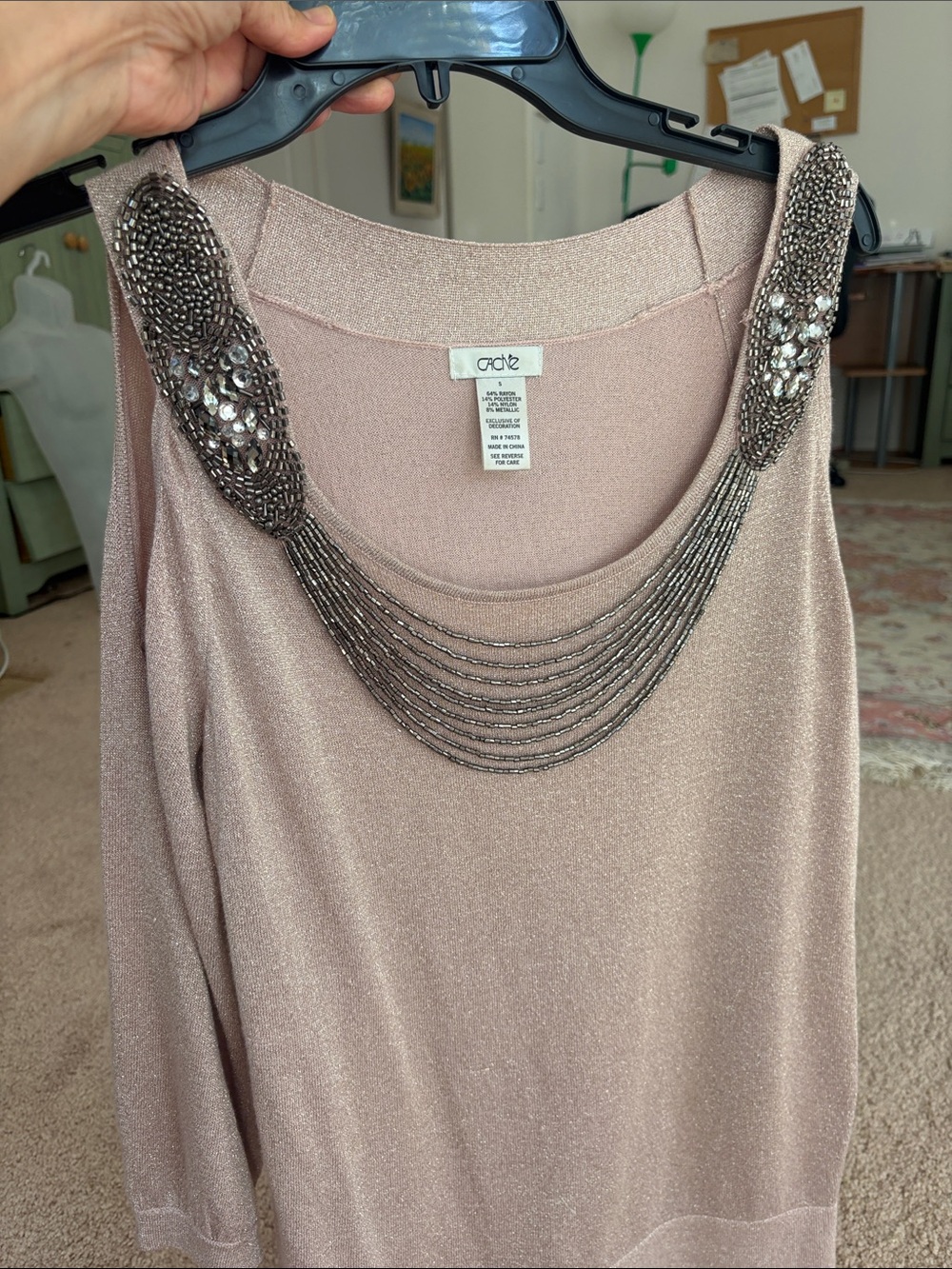 Cache Shimmery Blush Cold-Shoulder Top with Beaded Draped Neck